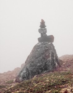 Cairn marking Kesugi Ridge trail, Denali State Park, Alaska.