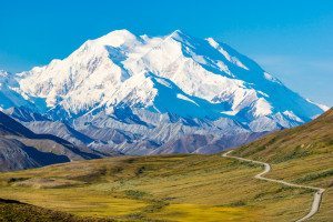 Mount McKinley and road viewed from Stony Pass in the morning, Denali National Park, Alaska.
