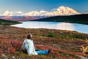 Enjoying evening view of Mt. McKinley and Wonder Lake from Blueberry Hill area, Denali National Park, Alaska. Hike 60