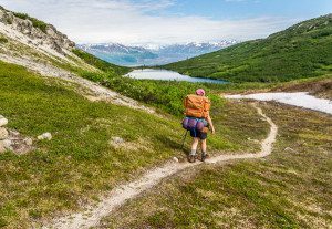 Hiker on the Kesugi Ridge Trail near Ermine Lake, Denali State Park, Alaska. Hikes 64 and 65.